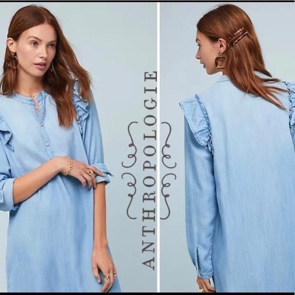 Anthropologie Dresses & Skirts - Cloth&Stone Anthro Denim Ruffled Shoulders Dress